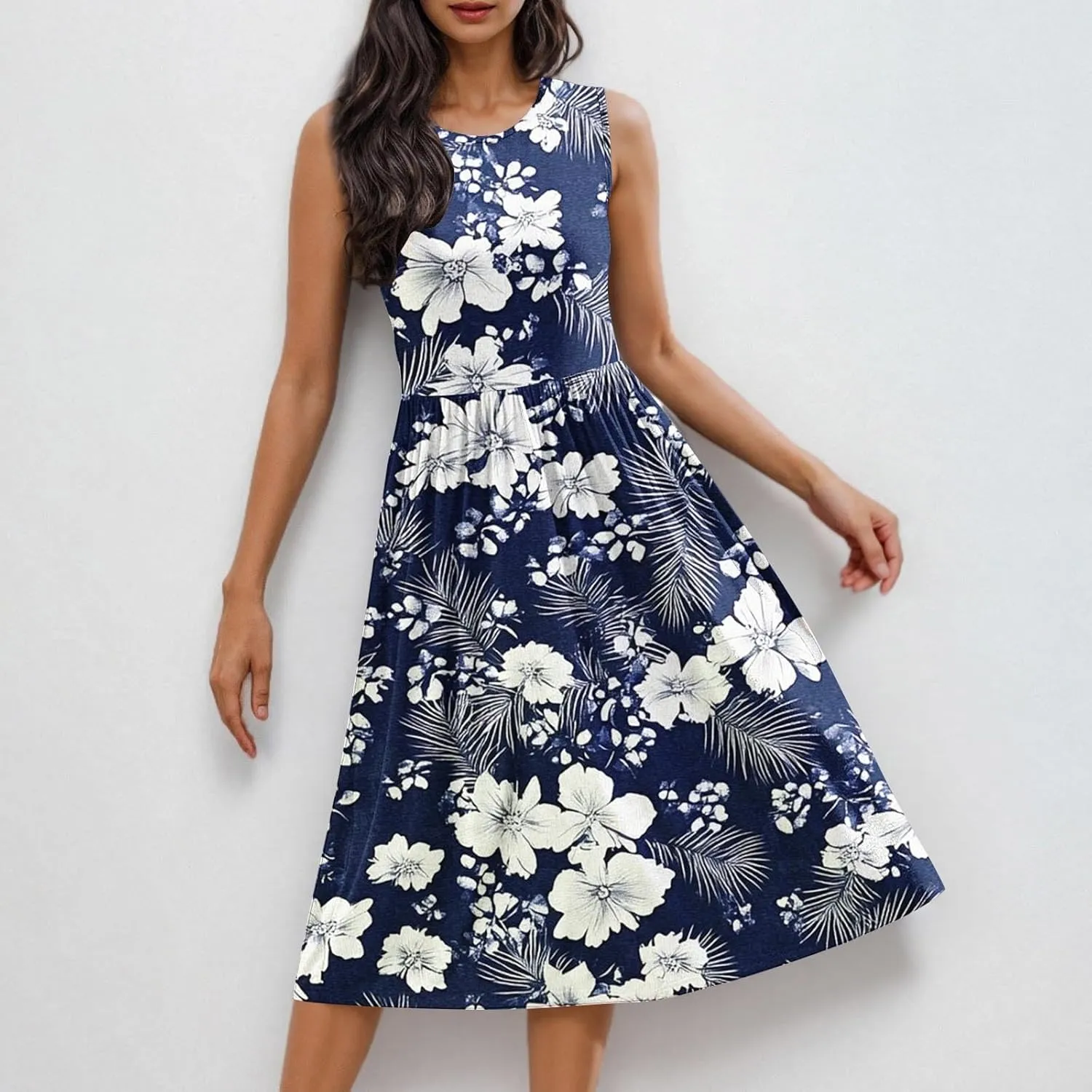 Women's Floral Print Beach Sundress Summer Casual Loose Sleeveless A Line Dress Round Neck Beach Flowy Maxi Dress