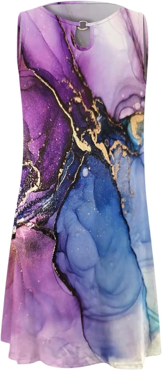 Womens Floral Print Tank Top Dress Aline Tshirt Sun Dress Summer Casual Sundresses 2023 Beach Vacation Outfits