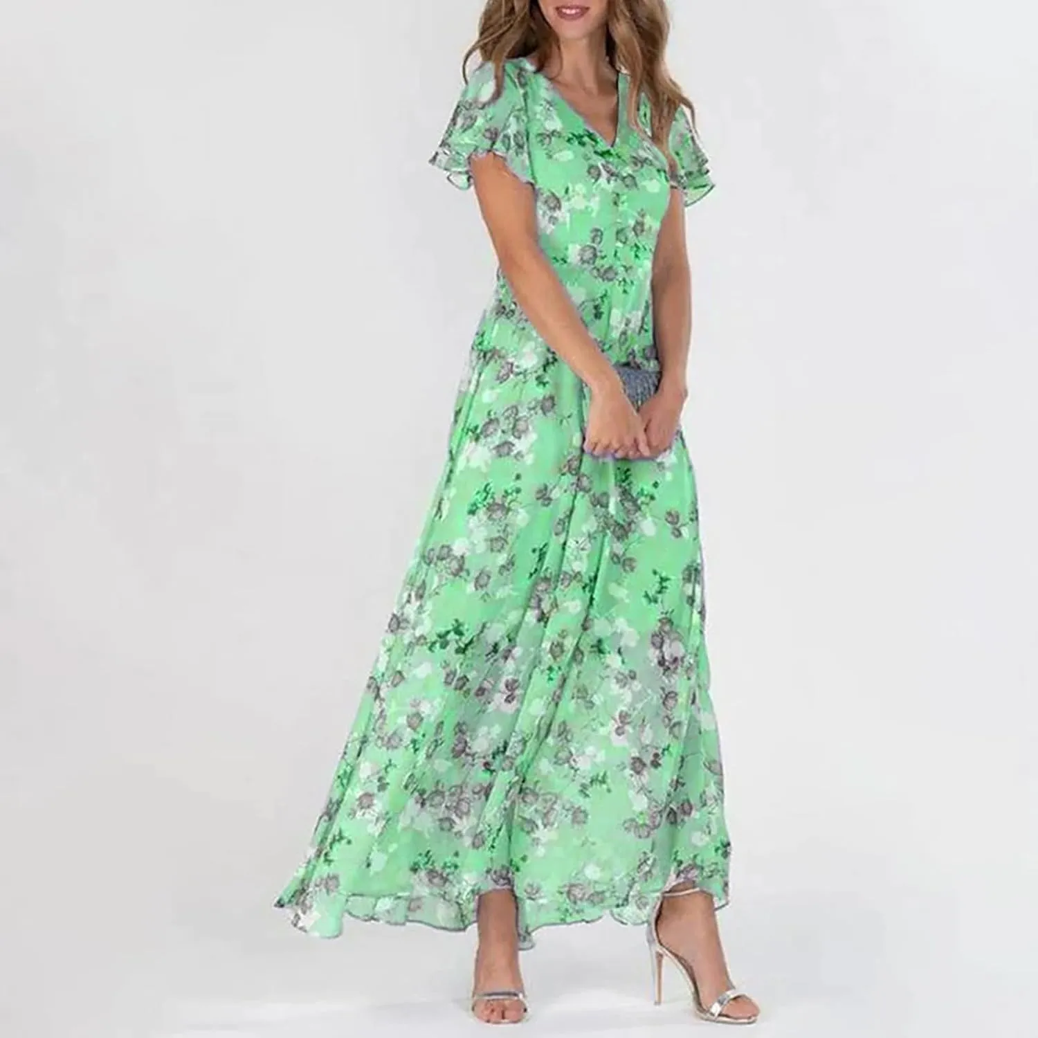 Womens Floral Summer Dress Sundresses for Women Short Sleeve V Neck a Line Chiffon Ruffle Flowy Maxi Dress Casual 2025