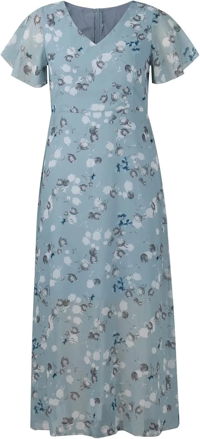 Womens Floral Summer Dress Sundresses for Women Short Sleeve V Neck a Line Chiffon Ruffle Flowy Maxi Dress Casual 2025