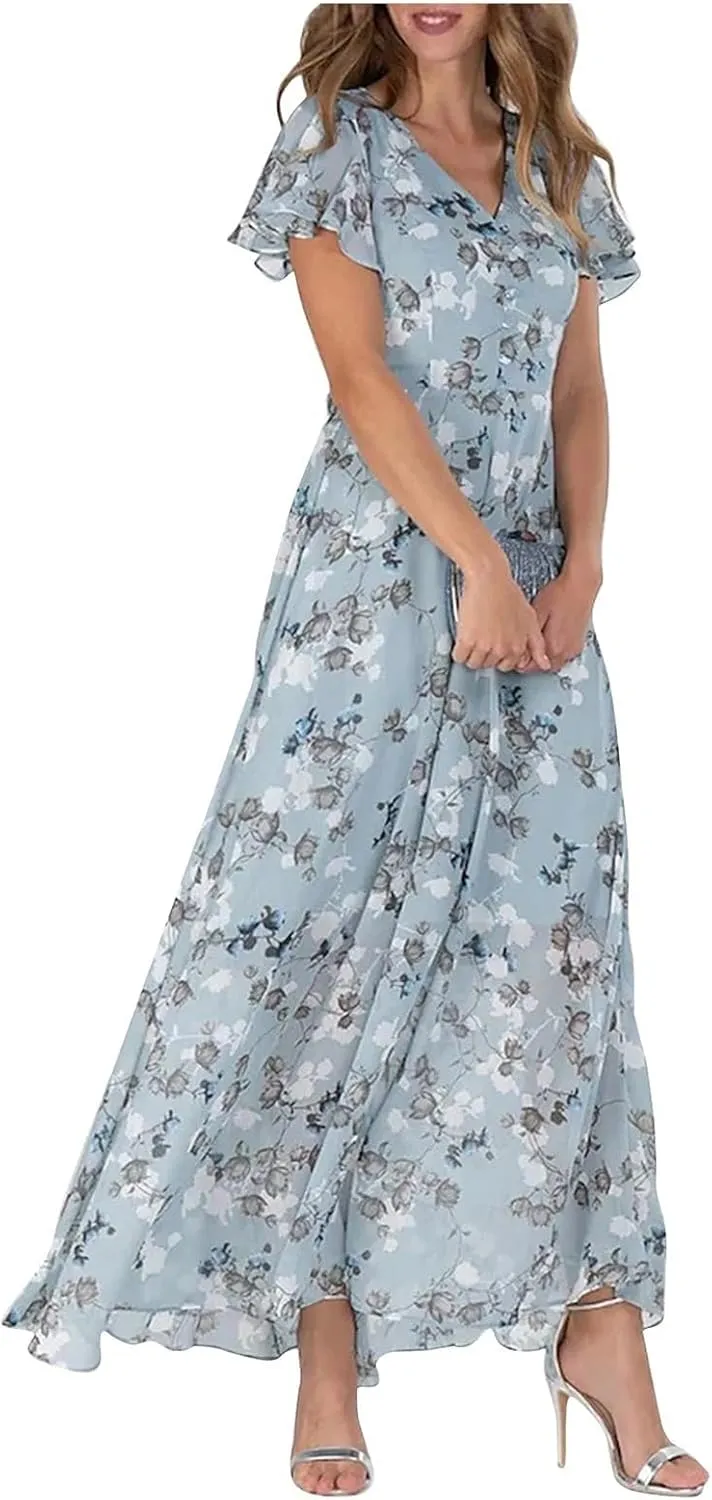 Womens Floral Summer Dress Sundresses for Women Short Sleeve V Neck a Line Chiffon Ruffle Flowy Maxi Dress Casual 2025