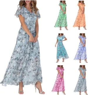Womens Floral Summer Dress Sundresses for Women Short Sleeve V Neck a Line Chiffon Ruffle Flowy Maxi Dress Casual 2025