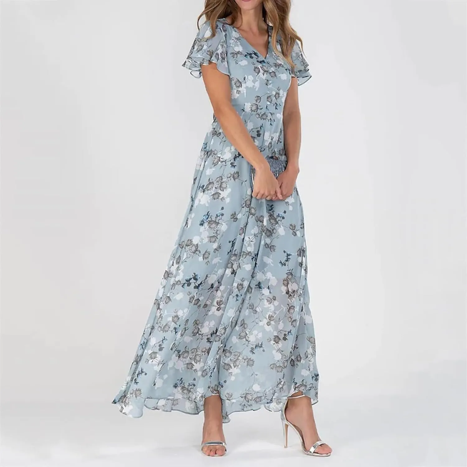 Womens Floral Summer Dress Sundresses for Women Short Sleeve V Neck a Line Chiffon Ruffle Flowy Maxi Dress Casual 2025
