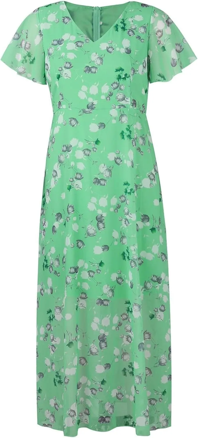 Womens Floral Summer Dress Sundresses for Women Short Sleeve V Neck a Line Chiffon Ruffle Flowy Maxi Dress Casual 2025