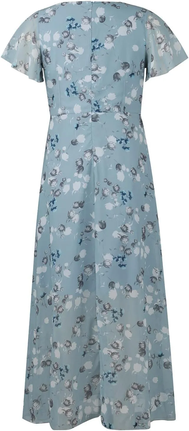 Womens Floral Summer Dress Sundresses for Women Short Sleeve V Neck a Line Chiffon Ruffle Flowy Maxi Dress Casual 2025