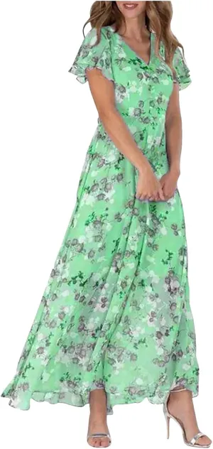 Womens Floral Summer Dress Sundresses for Women Short Sleeve V Neck a Line Chiffon Ruffle Flowy Maxi Dress Casual 2025