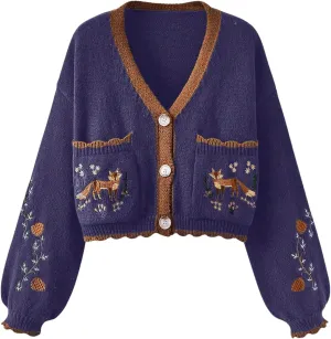 Women's Flower Embroidery Cardigans Sweaters Long Sleeve Button Down Knitted Loose Outwear