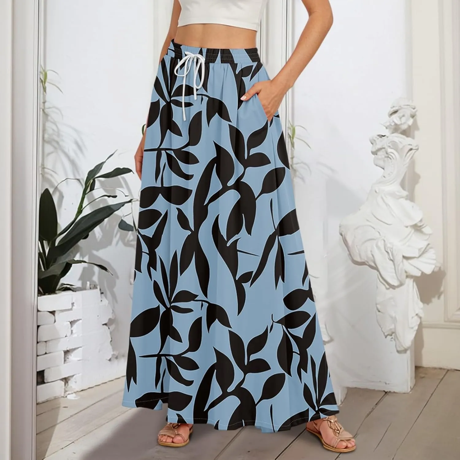 Women's Flowy Maxi Skirt Summer High Waisted Pleated tie Casual Long Skirts with Pockets, S-2XL