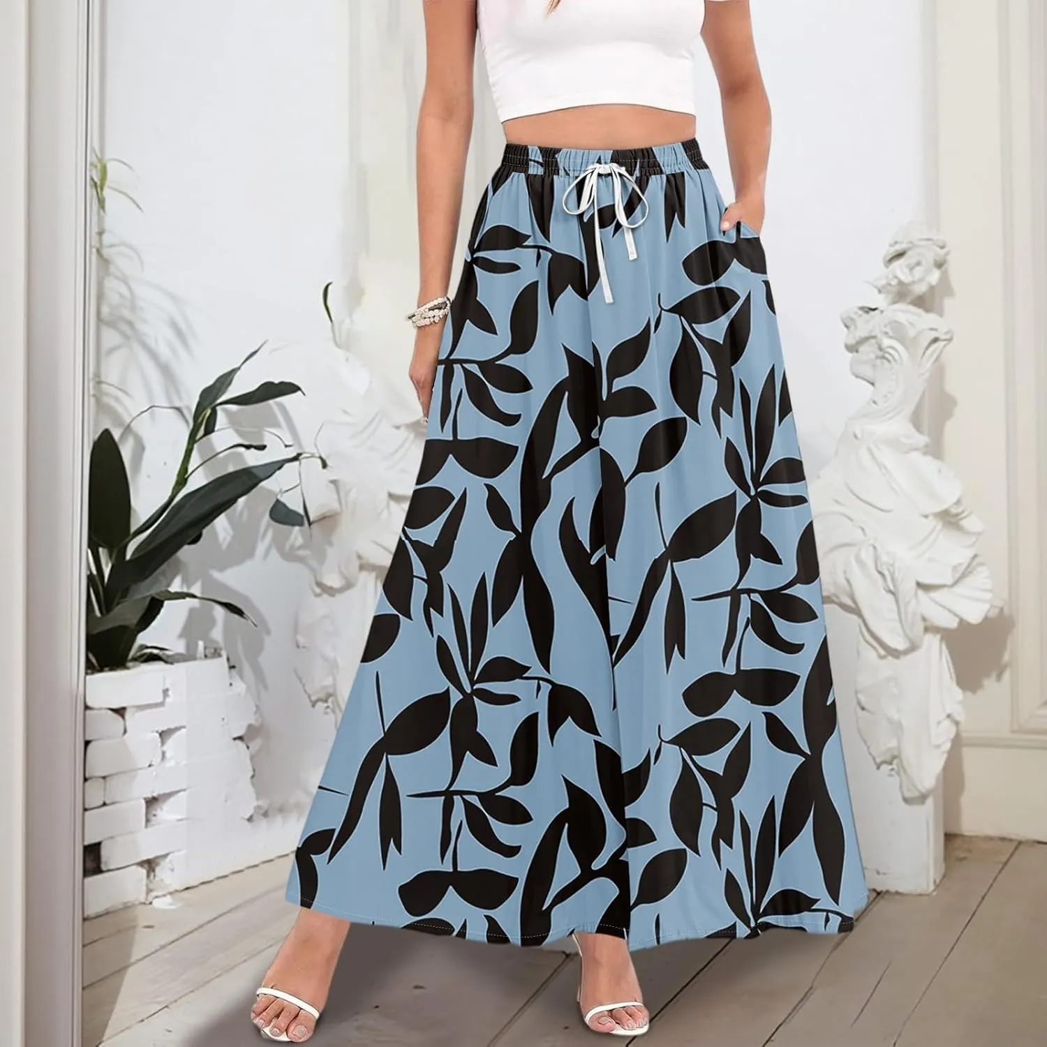 Women's Flowy Maxi Skirt Summer High Waisted Pleated tie Casual Long Skirts with Pockets, S-2XL