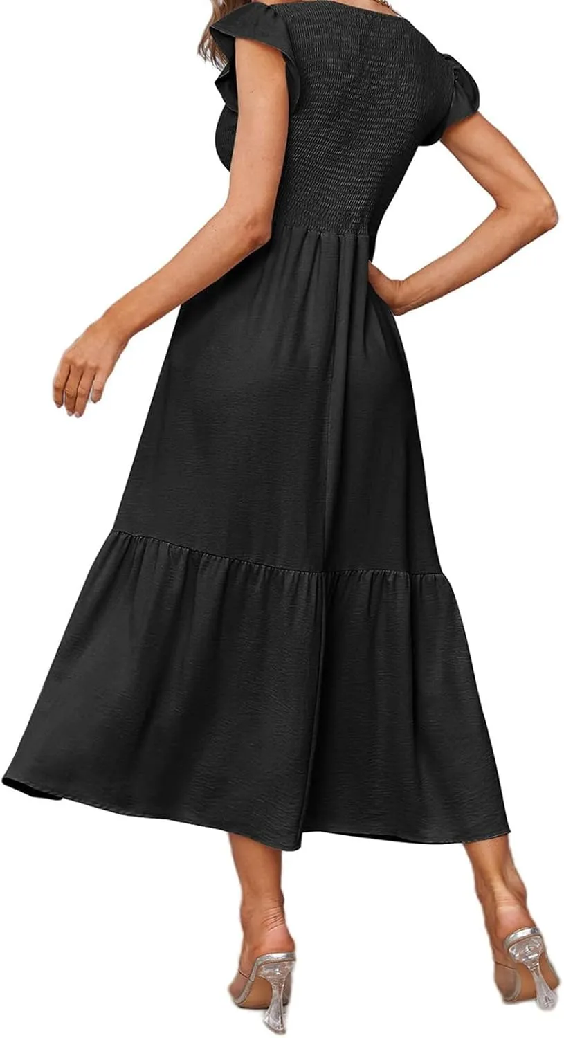Womens Flutter Short Sleeve Smocked Midi Dress Casual Tiered Modest Floral Boho Maxi Dress Boho Sundress