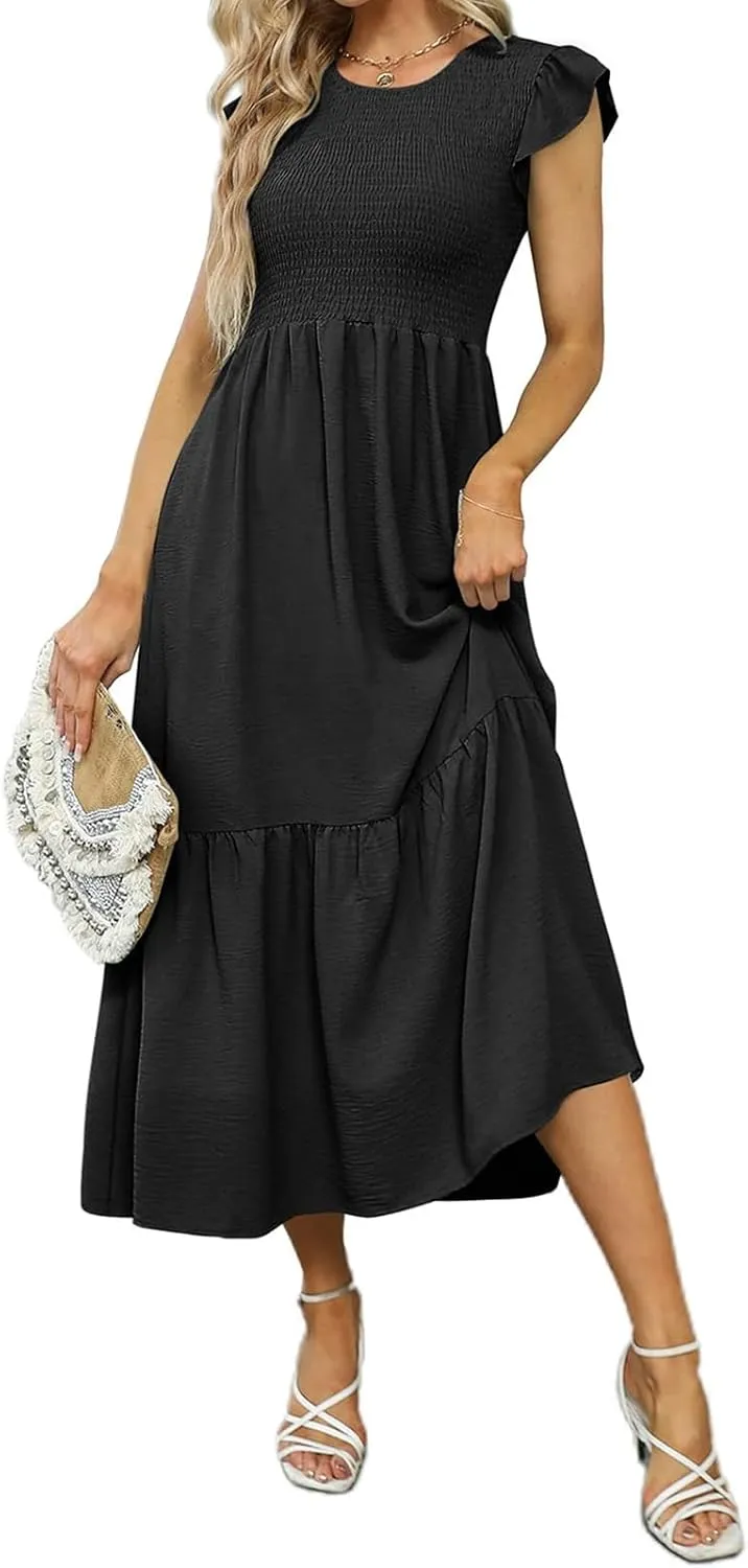 Womens Flutter Short Sleeve Smocked Midi Dress Casual Tiered Modest Floral Boho Maxi Dress Boho Sundress