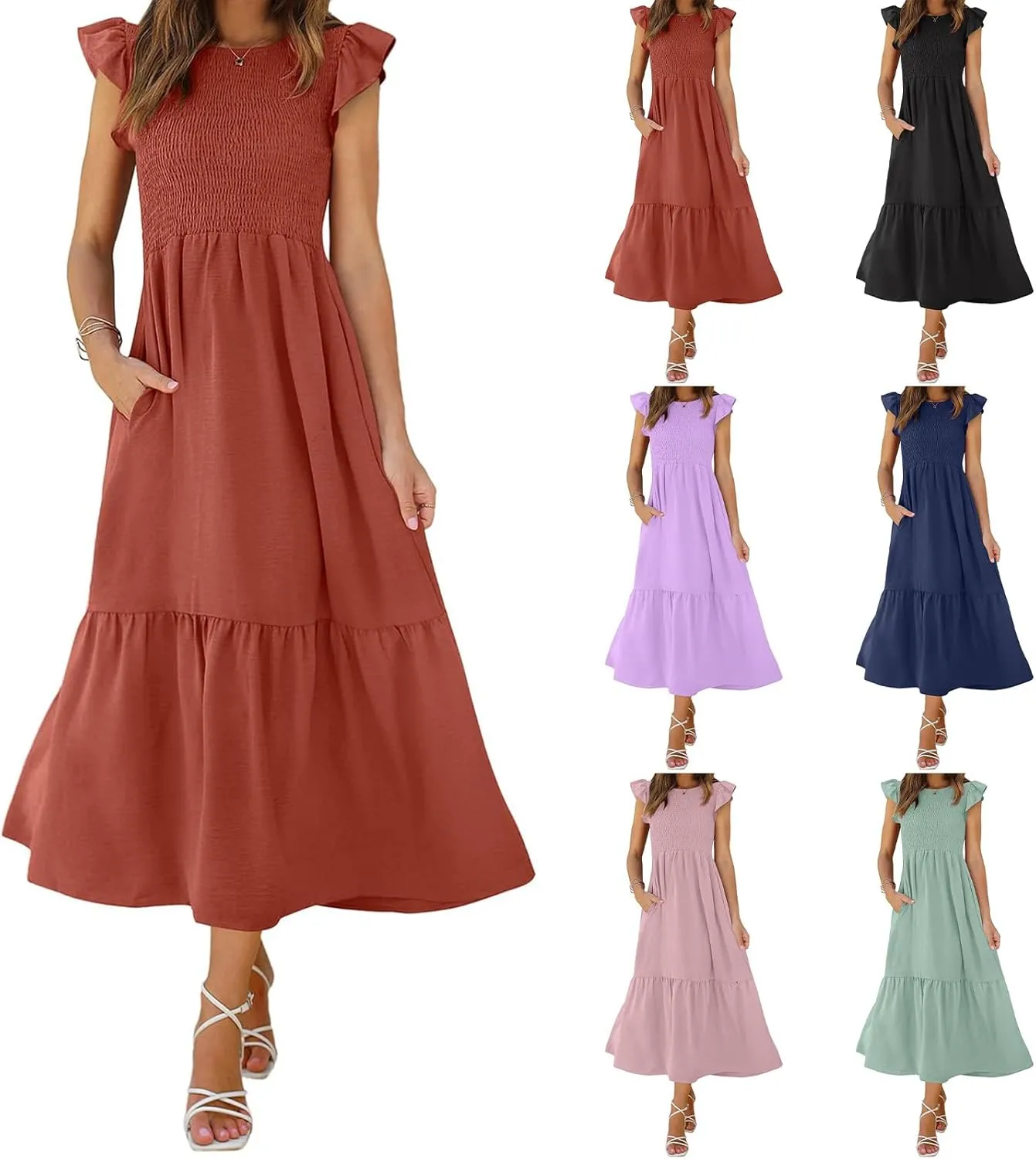 Womens Flutter Short Sleeve Smocked Midi Dress Casual Tiered Modest Floral Boho Maxi Dress Boho Sundress