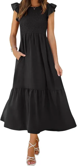Womens Flutter Short Sleeve Smocked Midi Dress Casual Tiered Modest Floral Boho Maxi Dress Boho Sundress