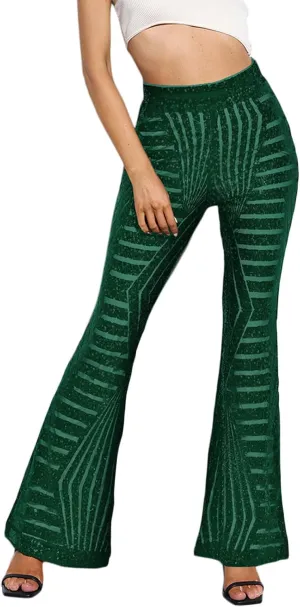Women's Glitter Sequin Wide Leg Flare Pants High Waist Bell Bottoms Party Palazzo Pants Flared Trousers
