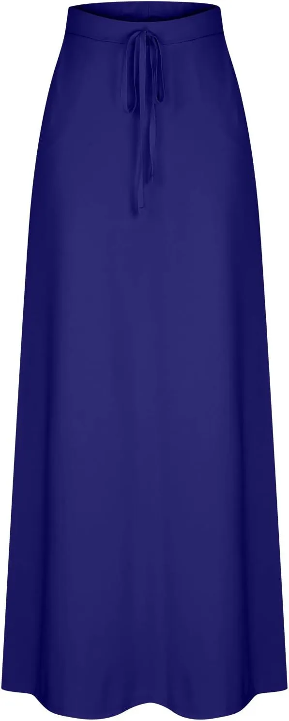 Womens High Elastic Waist Maxi Skirts Basic Drawstring Ankle Length Skirts Ladies A Line Solid Skirts with Pockets