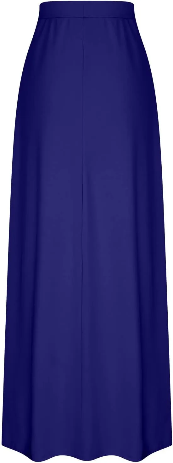 Womens High Elastic Waist Maxi Skirts Basic Drawstring Ankle Length Skirts Ladies A Line Solid Skirts with Pockets