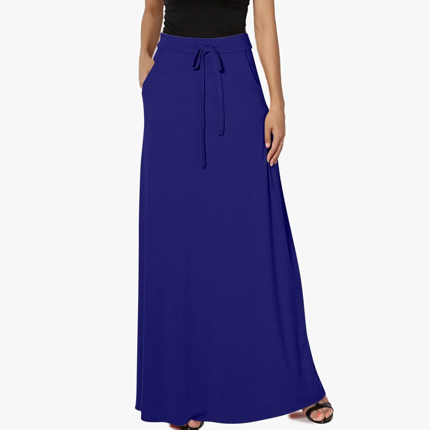 Womens High Elastic Waist Maxi Skirts Basic Drawstring Ankle Length Skirts Ladies A Line Solid Skirts with Pockets