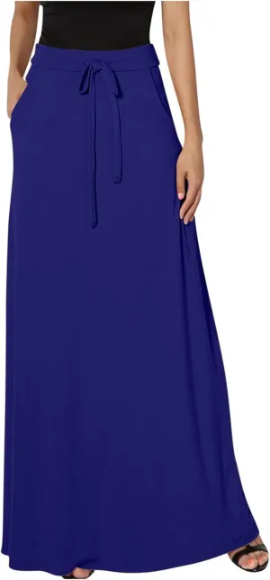 Womens High Elastic Waist Maxi Skirts Basic Drawstring Ankle Length Skirts Ladies A Line Solid Skirts with Pockets