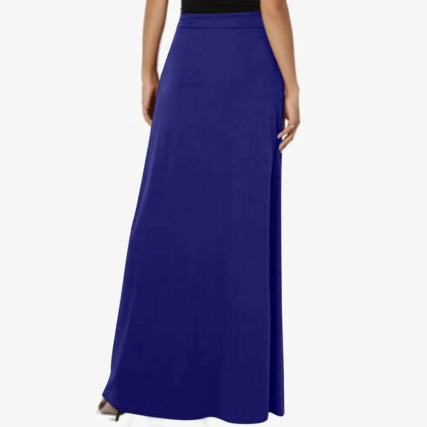 Womens High Elastic Waist Maxi Skirts Basic Drawstring Ankle Length Skirts Ladies A Line Solid Skirts with Pockets