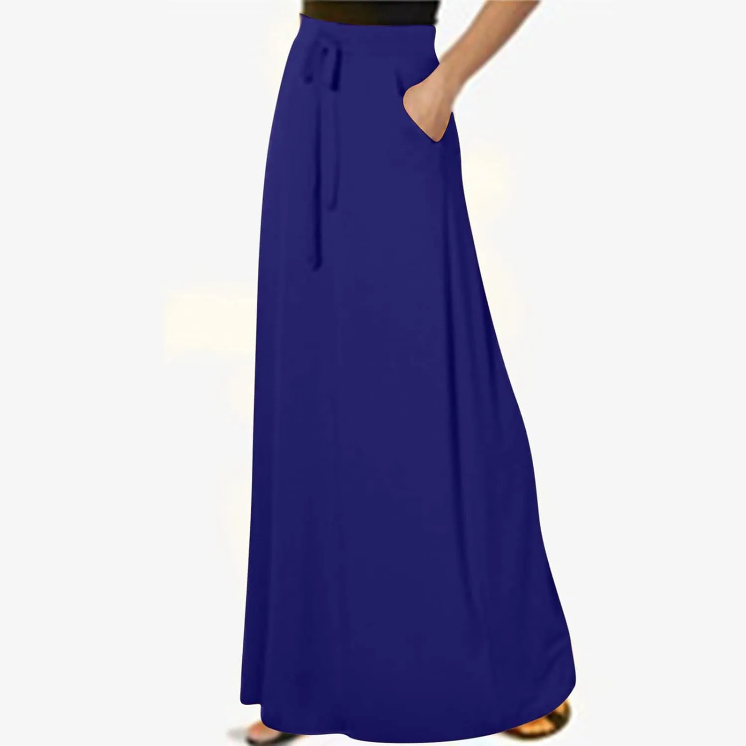 Womens High Elastic Waist Maxi Skirts Basic Drawstring Ankle Length Skirts Ladies A Line Solid Skirts with Pockets