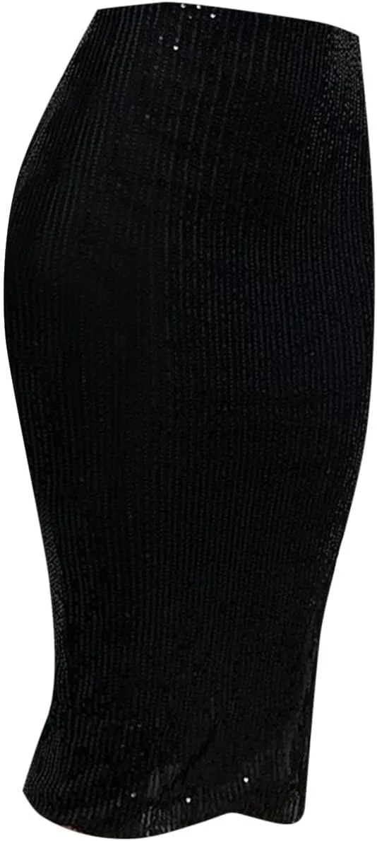 Women's High Waist Sequin Skirt Split Hem Sexy Sparkly Midi Skirts Night Out Party Cocktail Bodycon Zip Skirt