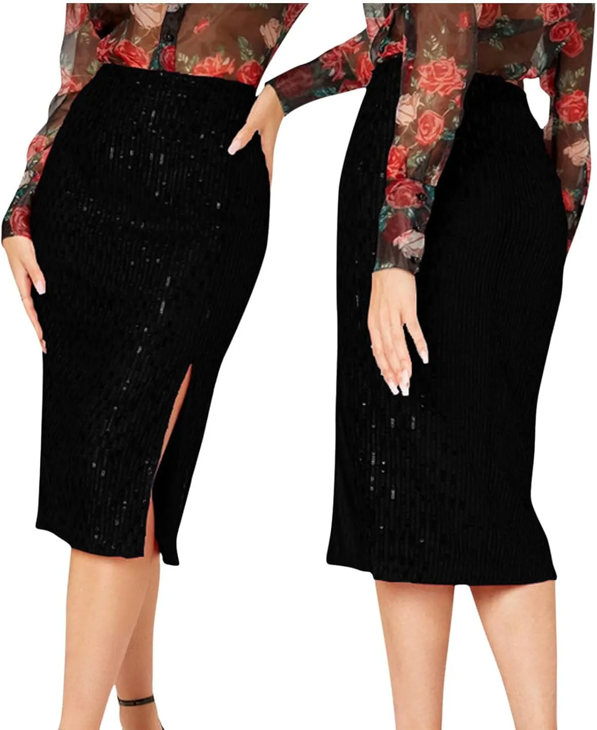 Women's High Waist Sequin Skirt Split Hem Sexy Sparkly Midi Skirts Night Out Party Cocktail Bodycon Zip Skirt