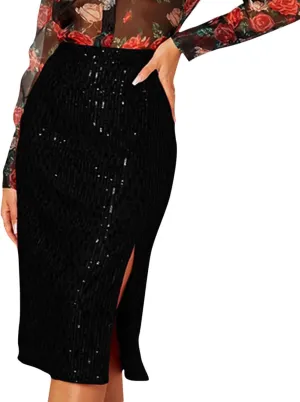 Women's High Waist Sequin Skirt Split Hem Sexy Sparkly Midi Skirts Night Out Party Cocktail Bodycon Zip Skirt