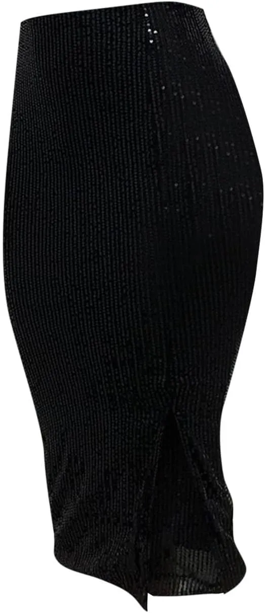 Women's High Waist Sequin Skirt Split Hem Sexy Sparkly Midi Skirts Night Out Party Cocktail Bodycon Zip Skirt