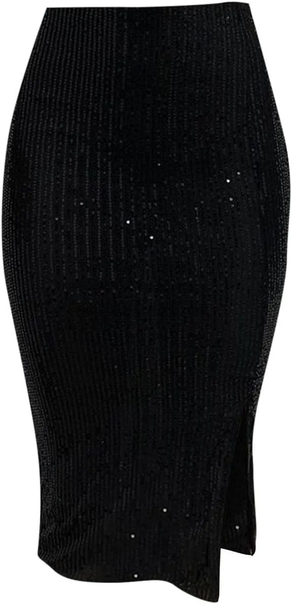 Women's High Waist Sequin Skirt Split Hem Sexy Sparkly Midi Skirts Night Out Party Cocktail Bodycon Zip Skirt