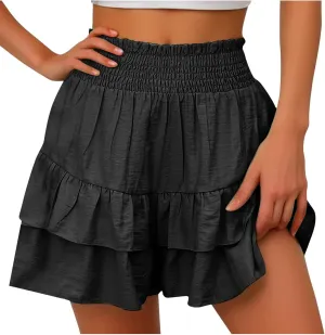 Women's High Waisted Ruffle Skirts with Floral Pleated Hem Workout Shorts Summer Casual Solid Color Cute Beach Skorts