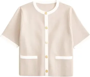 Womens Knit Cardigan Sweaters Fall Fashion Short Sleeve Button Down Cropped Coat Jacket with Pocket