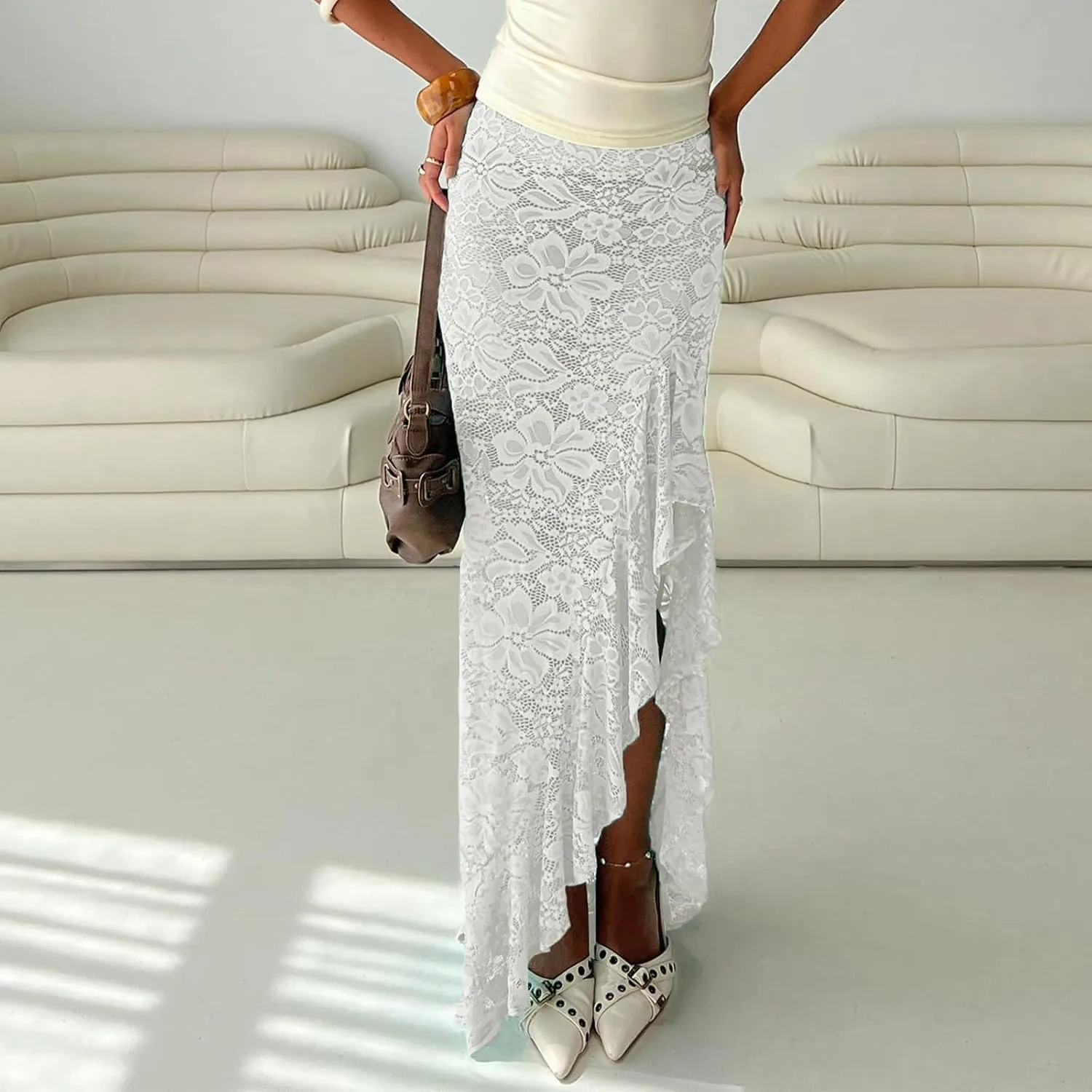 Women's Lace Long Skirts Sheer Lace High Waist Skirts Summer Fashion Irregular Ruffles Cover Up Bodycon Skirts