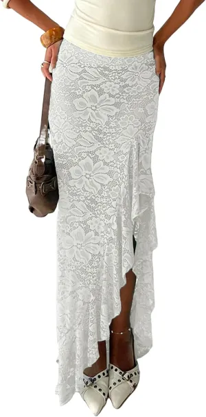 Women's Lace Long Skirts Sheer Lace High Waist Skirts Summer Fashion Irregular Ruffles Cover Up Bodycon Skirts