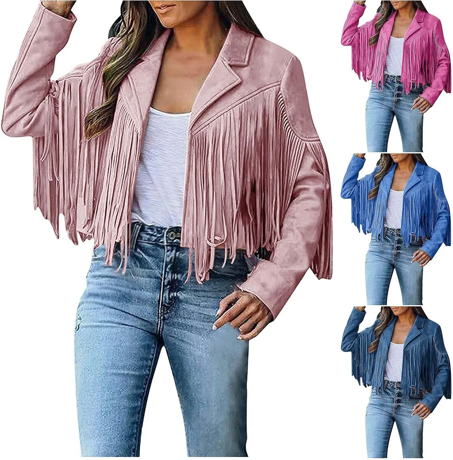 Women's Leather Jacket Faux Suede Fringe Jacket Long Sleeve Lapel Vintage Coats Open Front Tassel Cardigan