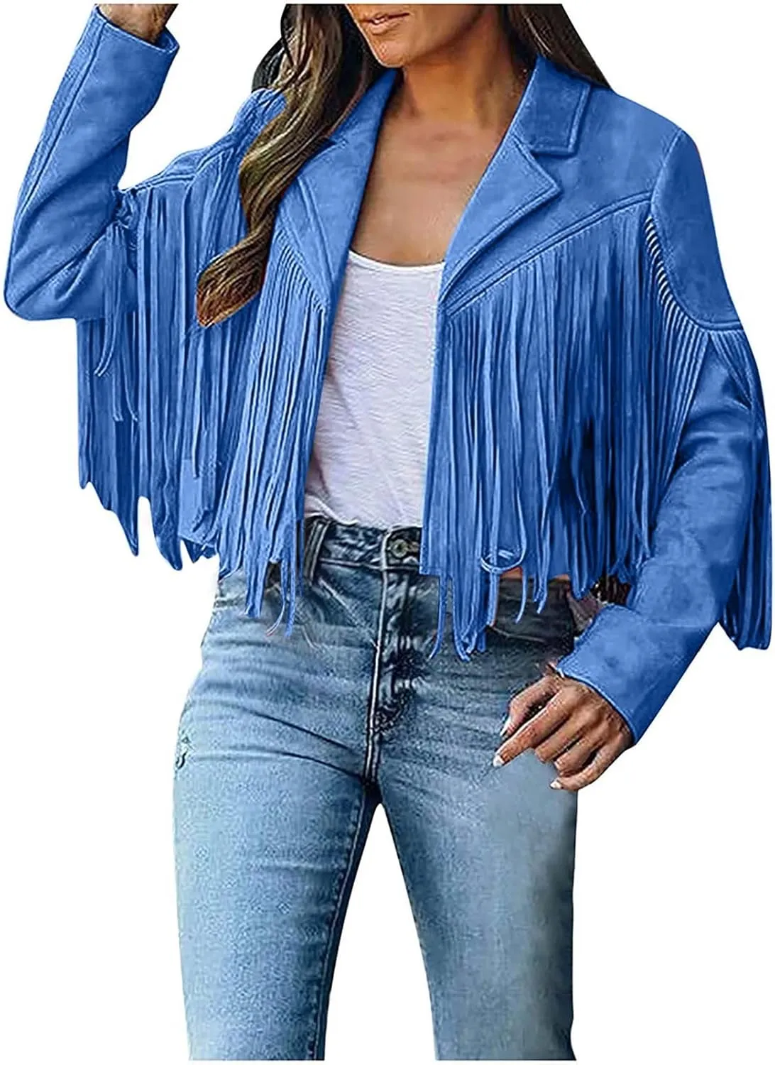 Women's Leather Jacket Faux Suede Fringe Jacket Long Sleeve Lapel Vintage Coats Open Front Tassel Cardigan
