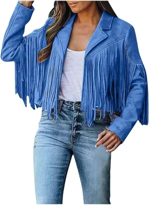 Women's Leather Jacket Faux Suede Fringe Jacket Long Sleeve Lapel Vintage Coats Open Front Tassel Cardigan