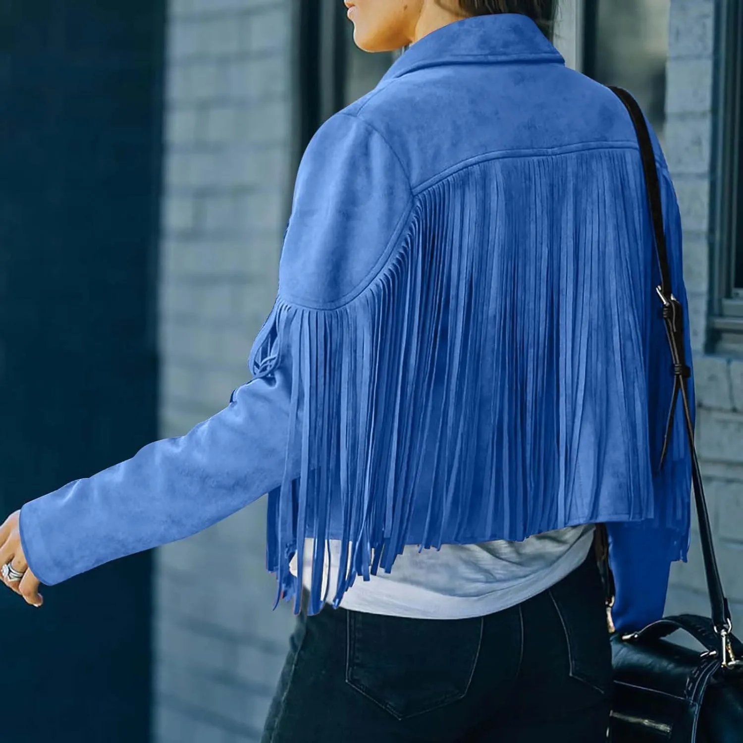 Women's Leather Jacket Faux Suede Fringe Jacket Long Sleeve Lapel Vintage Coats Open Front Tassel Cardigan