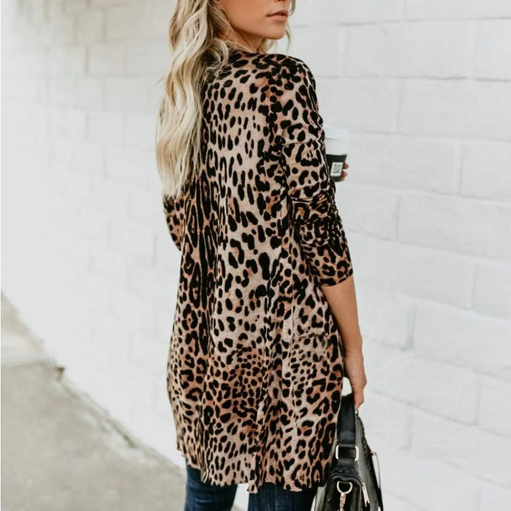 Womens Leopard Print Cardigan Lightweight Long Sleeve Open Front Fall Cardigans S-XXL