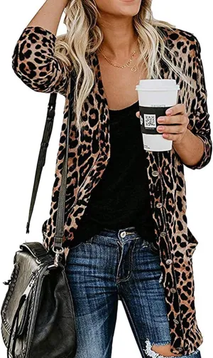 Womens Leopard Print Cardigan Lightweight Long Sleeve Open Front Fall Cardigans S-XXL