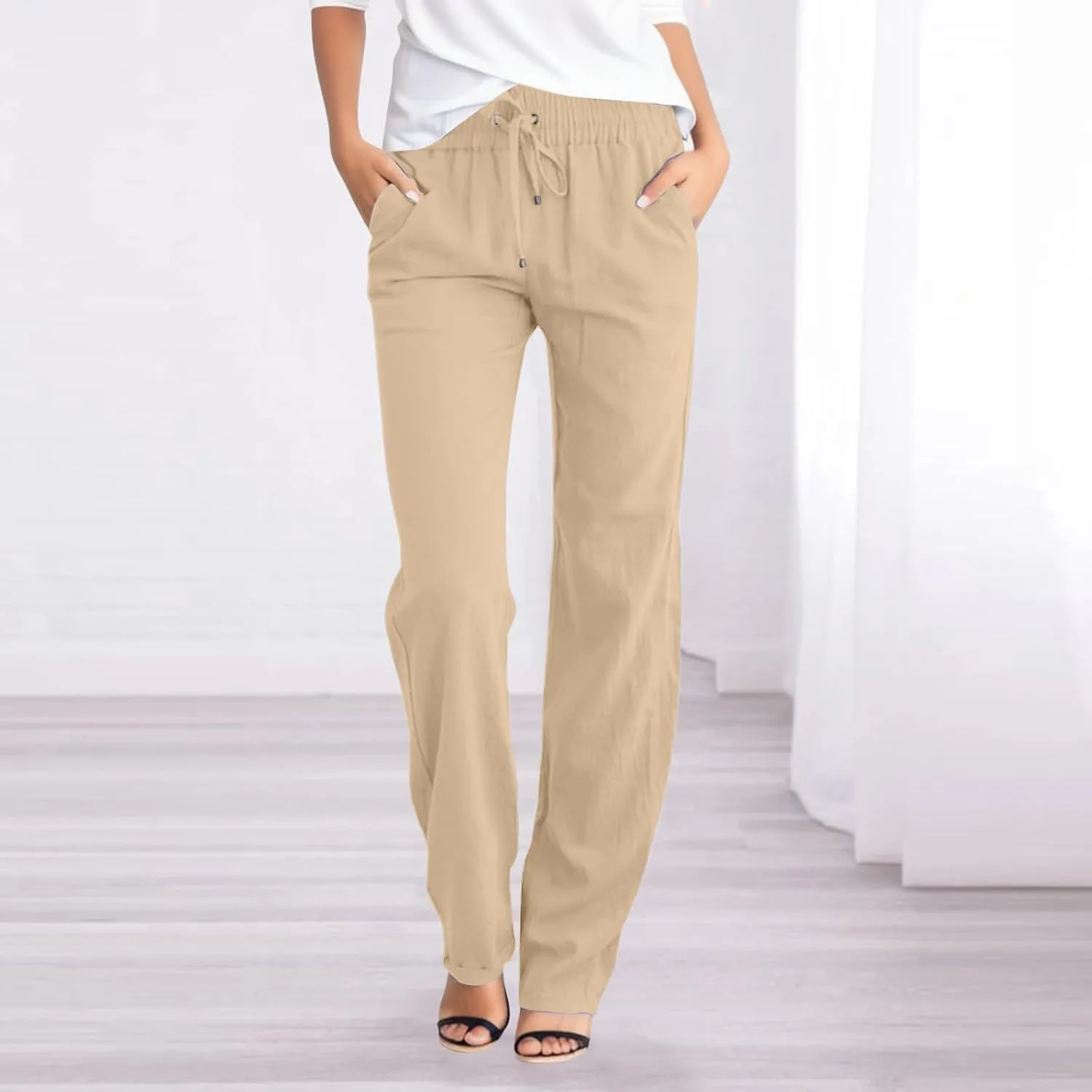 Womens Linen Blend Summer Cropped Pant Trousers Elastic Waisted Ankle Length Slim Fit Trousers Vacation
