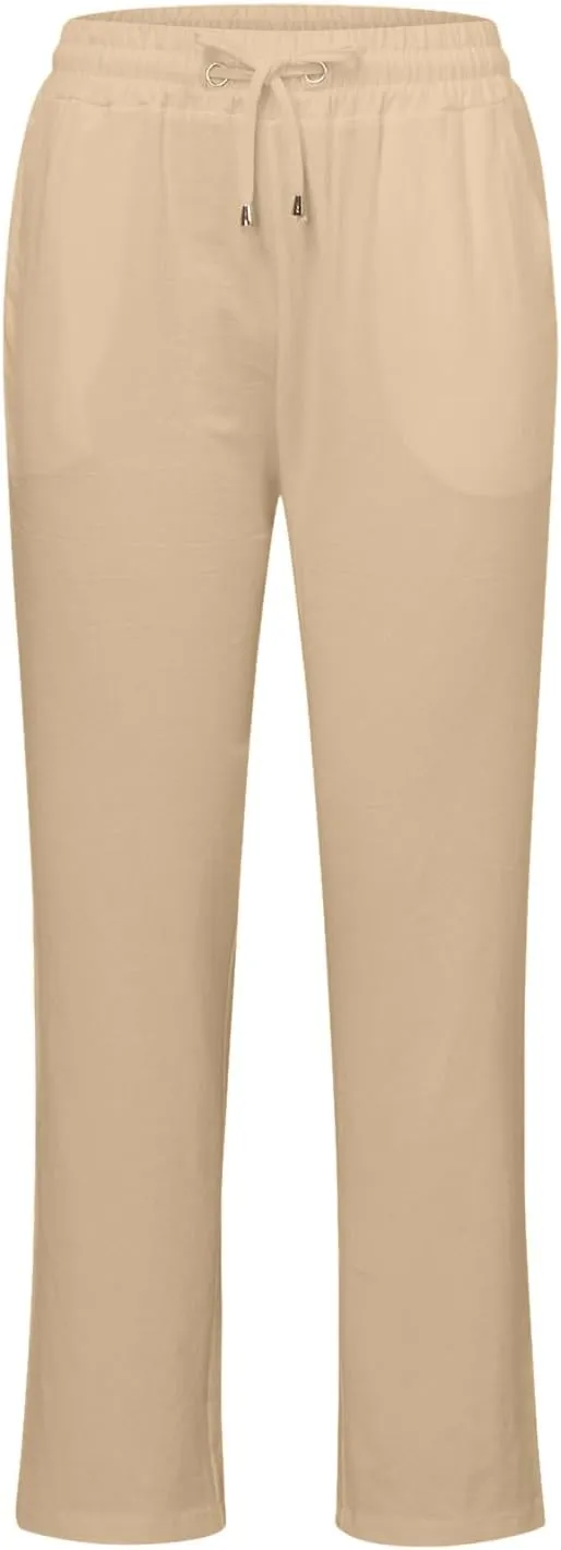Womens Linen Blend Summer Cropped Pant Trousers Elastic Waisted Ankle Length Slim Fit Trousers Vacation