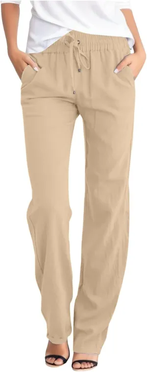 Womens Linen Blend Summer Cropped Pant Trousers Elastic Waisted Ankle Length Slim Fit Trousers Vacation