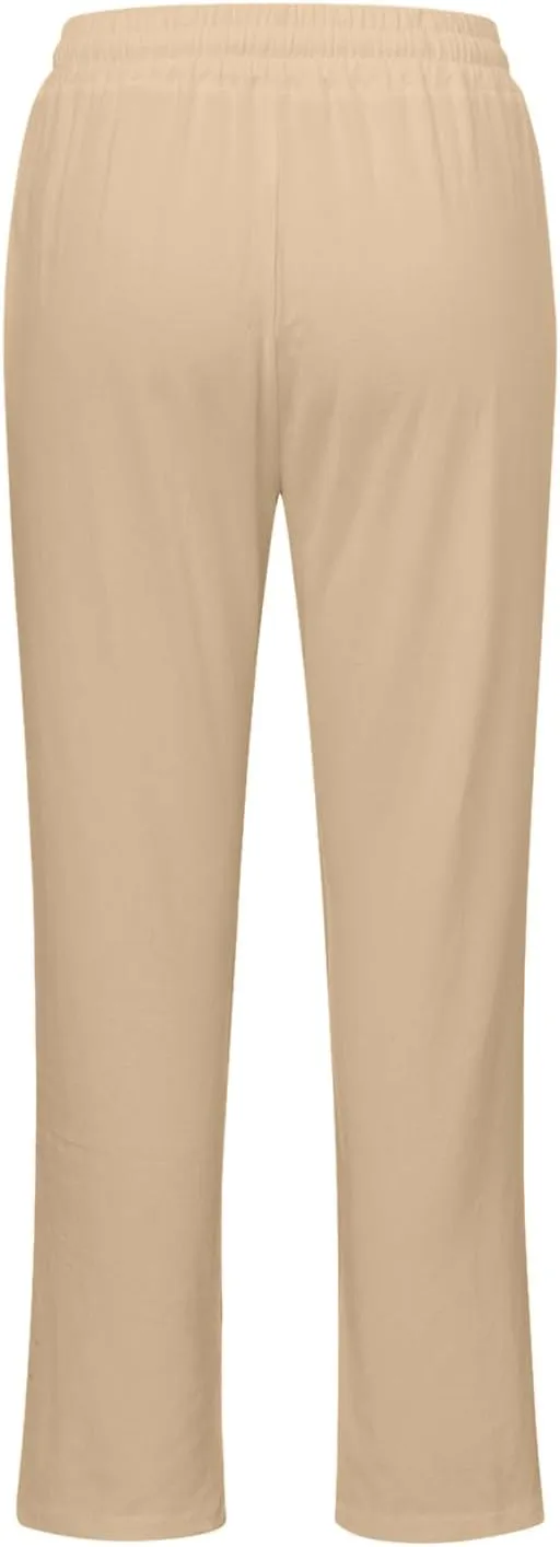 Womens Linen Blend Summer Cropped Pant Trousers Elastic Waisted Ankle Length Slim Fit Trousers Vacation