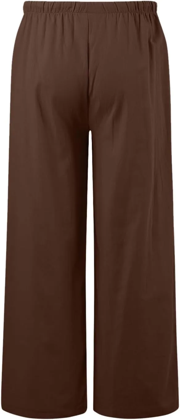 Women's Linen Blend Summer Letter Patched Pants Low Waist Straight Plus Size Trouser Travel