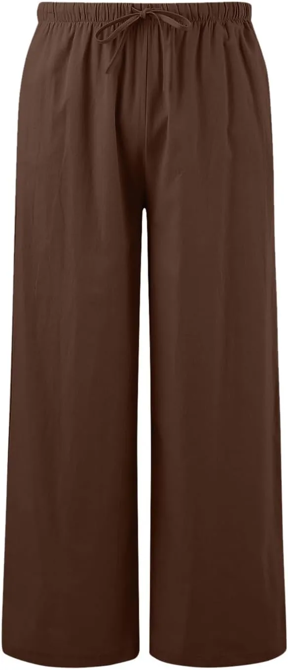Women's Linen Blend Summer Letter Patched Pants Low Waist Straight Plus Size Trouser Travel