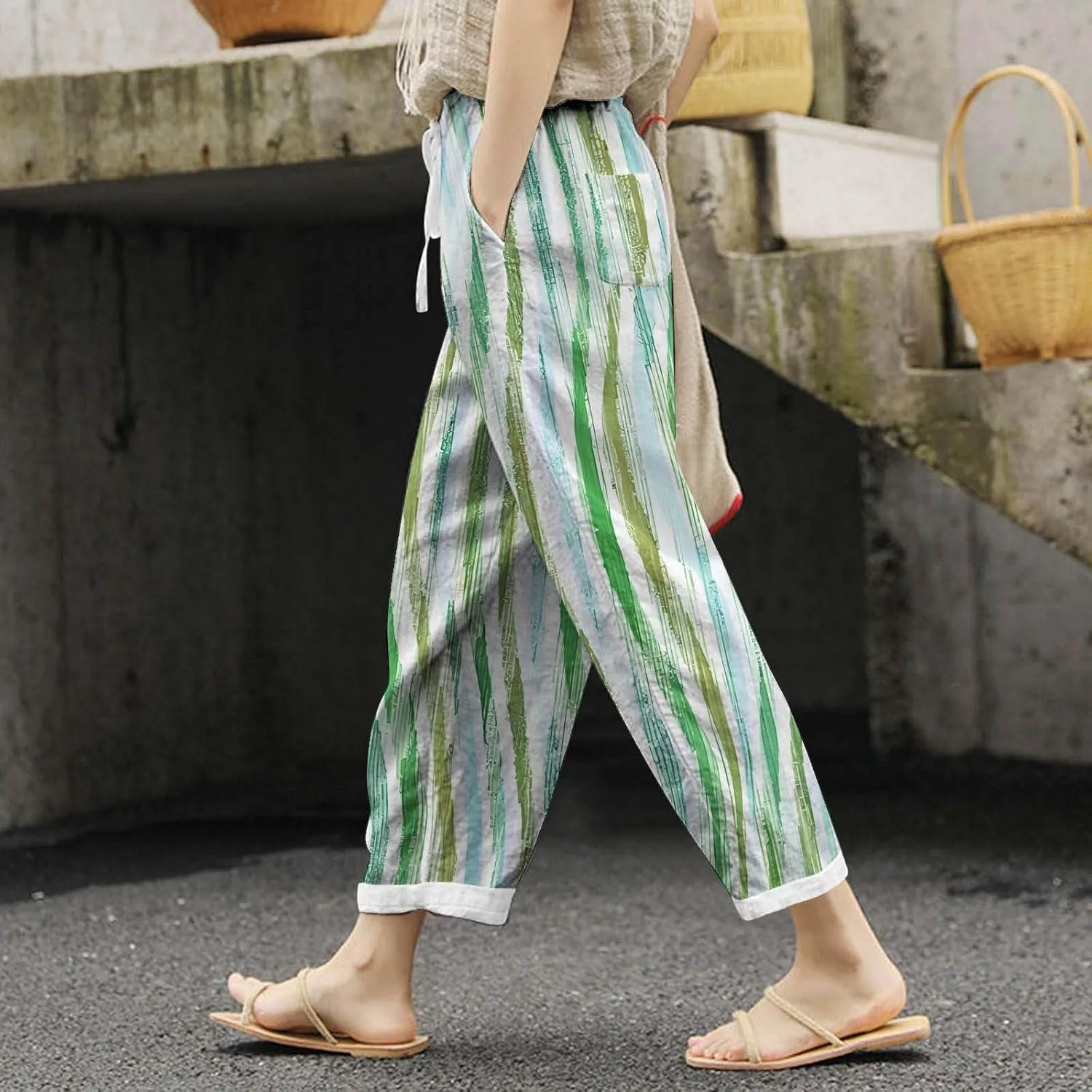 Women's Linen Blend Summer Lightweigt Palazzo Lounge Pants Elastic Waisted Bootcut Slim Fit Trousers Business Work