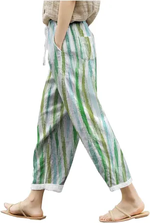 Women's Linen Blend Summer Lightweigt Palazzo Lounge Pants Elastic Waisted Bootcut Slim Fit Trousers Business Work