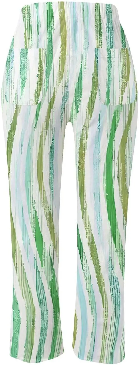 Women's Linen Blend Summer Lightweigt Palazzo Lounge Pants Elastic Waisted Bootcut Slim Fit Trousers Business Work