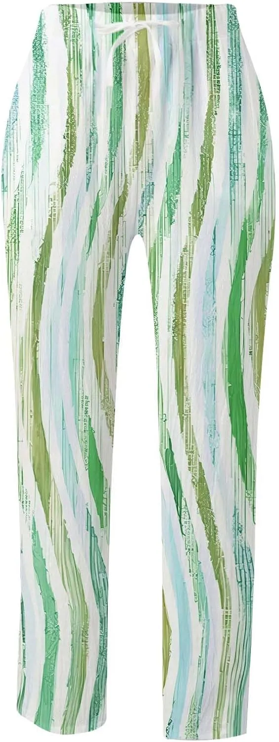 Women's Linen Blend Summer Lightweigt Palazzo Lounge Pants Elastic Waisted Bootcut Slim Fit Trousers Business Work