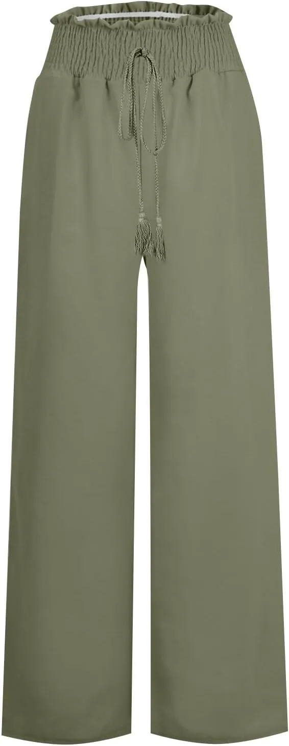 Women's Linen Blend Summer Lightweigt Pant Trousers Elastic Waisted Wide Leg Slim-Fit Pants Beach